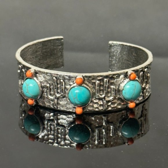 🌵 Southwestern Silver faux Turquoise Cuff Bracelet cactus 🌵 - Picture 8 of 12